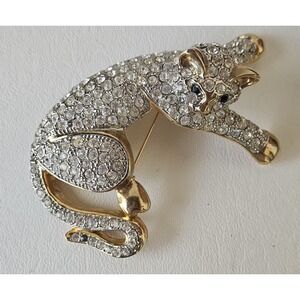 Vintage Green eyed Leopard Cat Rhinestone Shoulder Brooch Gold Tone Metal